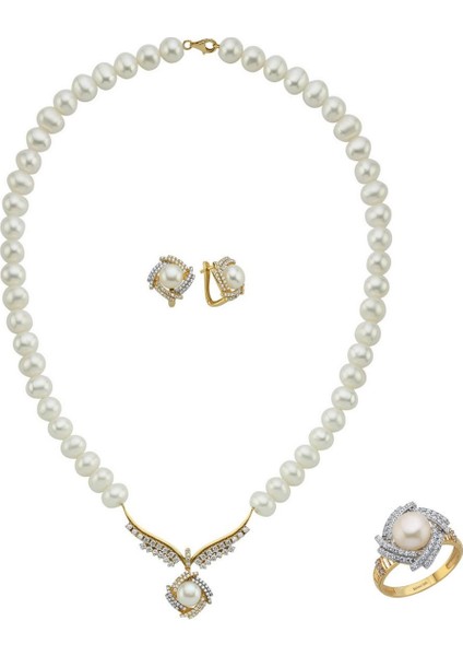 14 Ayar Altın 6 mm Rüzgar Gülü Doğal İnci Küpe Kolye Yüzük Üçlü Set