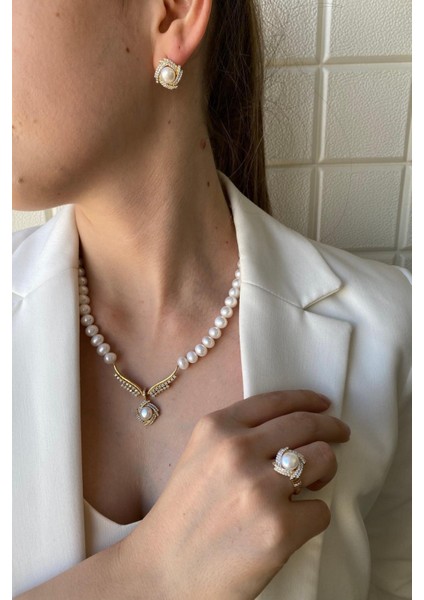 14 Ayar Altın 6 mm Rüzgar Gülü Doğal İnci Küpe Kolye Yüzük Üçlü Set fiyatları