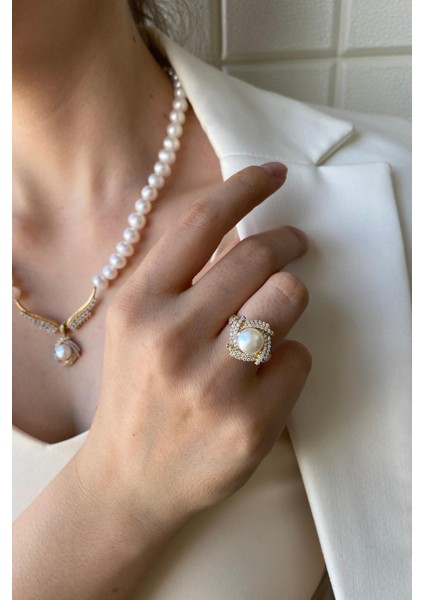 14 Ayar Altın 6 mm Rüzgar Gülü Doğal İnci Küpe Kolye Yüzük Üçlü Set indirimleri