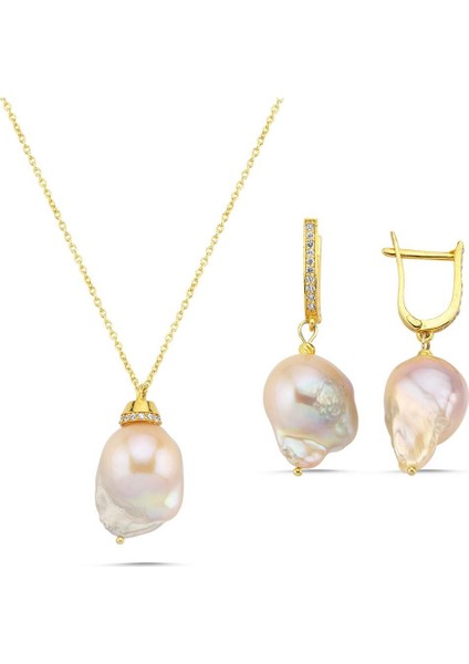 925 Ayar Gümüş Şeftali Rengi Barok Inci Kolye Küpe Ikili Set