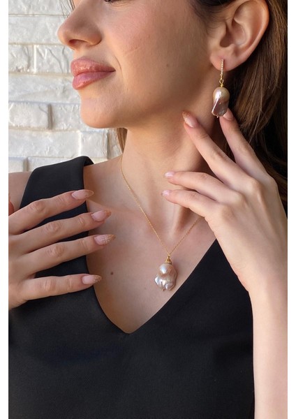 925 Ayar Gümüş Şeftali Rengi Barok Inci Kolye Küpe Ikili Set fiyatları