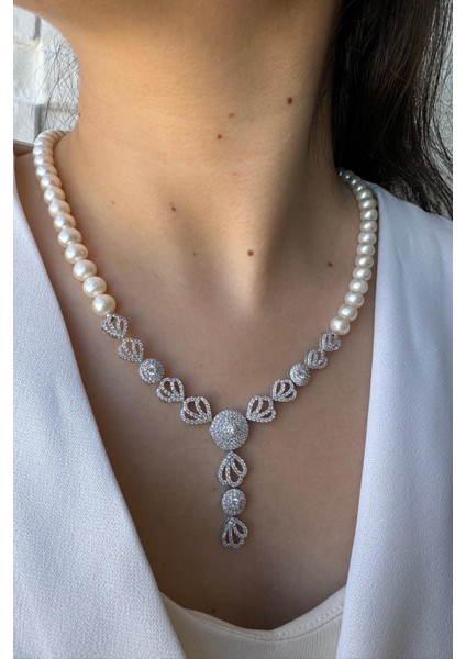 925 Ayar Gümüş 8 mm Zirkon Taşlı İnci Kolye Bilelik Küpe Yüzük Dörtlü Set modelleri