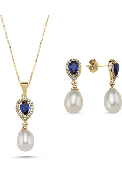 14 Ayar Altın 8 mm Damla Safir Doğal Inci Sallantı Küpe Kolye Ikili Set
