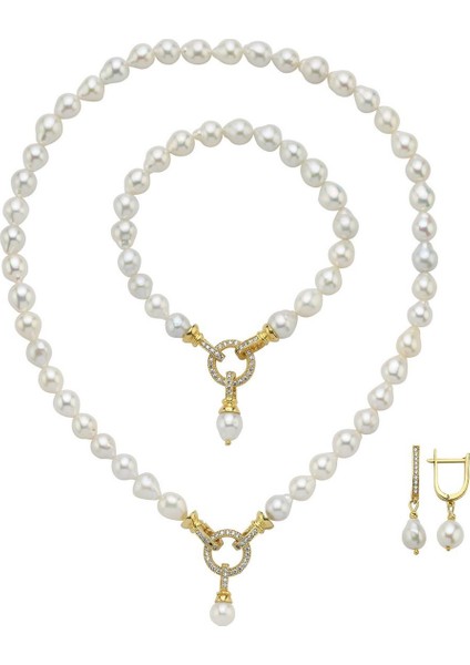 925 Ayar Gümüş Zirkon Taşlı Halka Kilitli Doğal Damla İnci Küpe Kolye Bileklik Üçlü Set