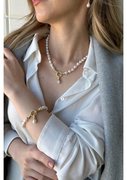 925 Ayar Gümüş Zirkon Taşlı Halka Kilitli Doğal Damla İnci Küpe Kolye Bileklik Üçlü Set fiyatları