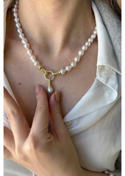 925 Ayar Gümüş Zirkon Taşlı Halka Kilitli Doğal Damla İnci Küpe Kolye Bileklik Üçlü Set modelleri