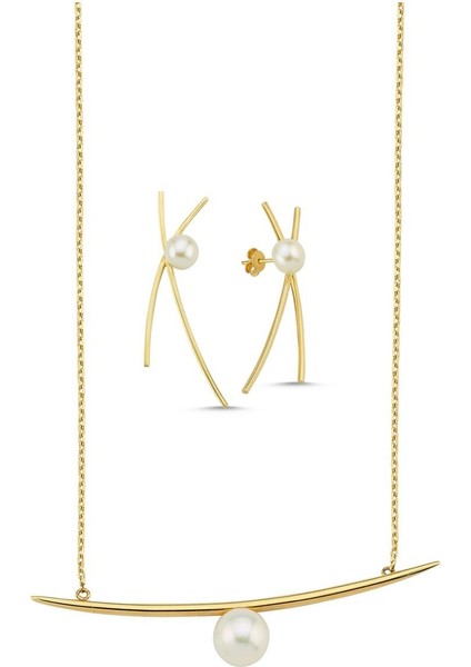 14 Ayar Altın 7 mm Doğal İncili Küpe Kolye İkili Set