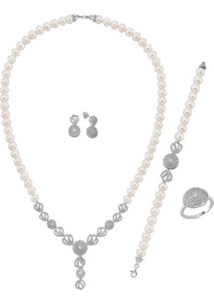 925 Ayar Gümüş 8 mm Zirkon Taşlı İnci Kolye Bilelik Küpe Yüzük Dörtlü Set
