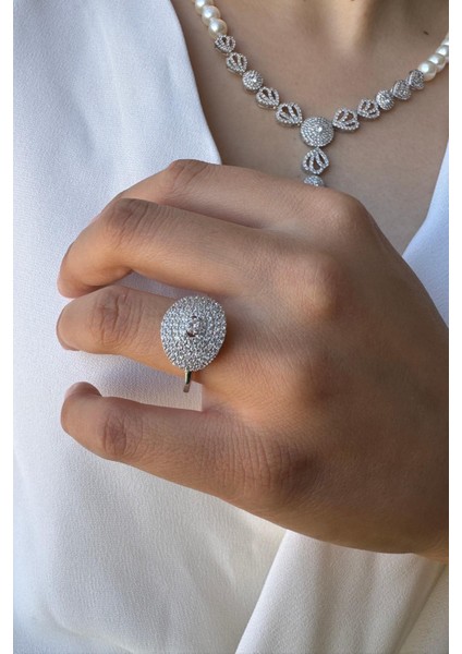 925 Ayar Gümüş 8 mm Zirkon Taşlı İnci Kolye Bilelik Küpe Yüzük Dörtlü Set fırsatları