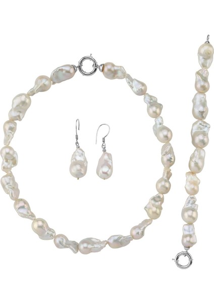 925 Ayar Gümüş 22 mm Barok İnci Kolye Bileklik Küpe Üçlü Set