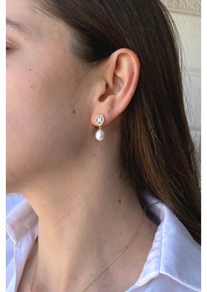 14 Ayar Altın 8 mm Oval Baget Taşlı Doğal İnci Sallantı Küpe Kolye İkili Set