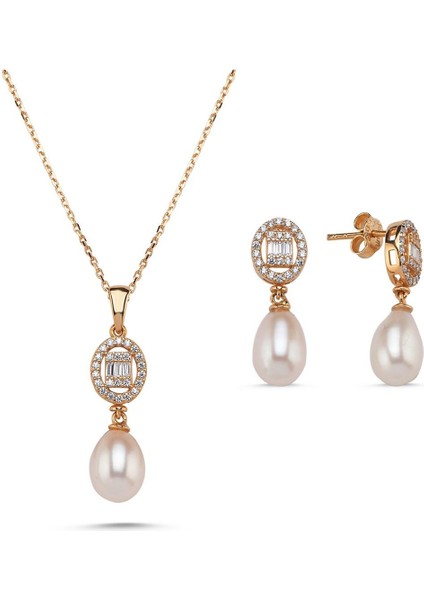 14 Ayar Altın 8 mm Oval Baget Taşlı Doğal İnci Sallantı Küpe Kolye İkili Set