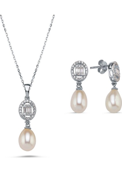 14 Ayar Altın 8 mm Oval Baget Taşlı Doğal İnci Sallantı Küpe Kolye İkili Set