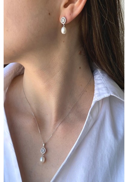 14 Ayar Altın 8 mm Oval Baget Taşlı Doğal İnci Sallantı Küpe Kolye İkili Set fiyatları
