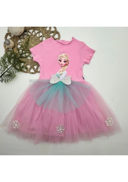 5-6-7 Yaş Elsa Desenli Fiyonklu Tül Etekli Astarlı Kısa Kollu Kız Çocuk Tütü Elbise