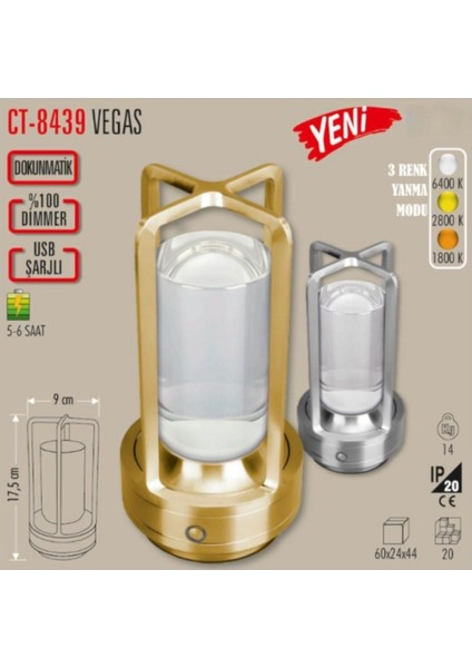 CT-8439 VEGAS MASA LAMBASI 3 RENK IŞIK FONKSİYONLU USB ŞARJLI SILVER KASA (PARLA)