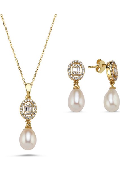 14 Ayar Altın 8 mm Oval Baget Taşlı Doğal İnci Sallantı Küpe Kolye İkili Set