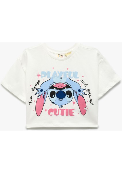 Pamuklu Bisiklet Yaka Kısa Kollu Lisanslı Stitch Baskılı Tişört