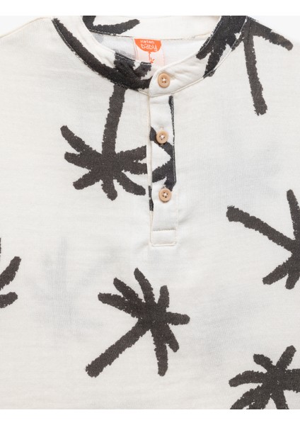 Bisiklet Yaka Kısa Kollu Palmiye Baskılı Pamuklu Tişört modelleri