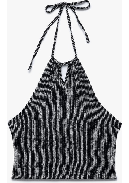 Çizgili Bürümcük Bağlamalı Yaka Pencere Detaylı Kolsuz Crop Üst