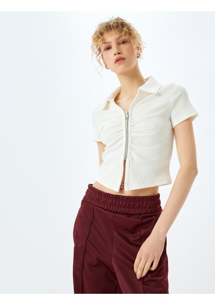 Fermuar Detaylı Slim Fit Drapeli Kısa Kollu Crop Tişört