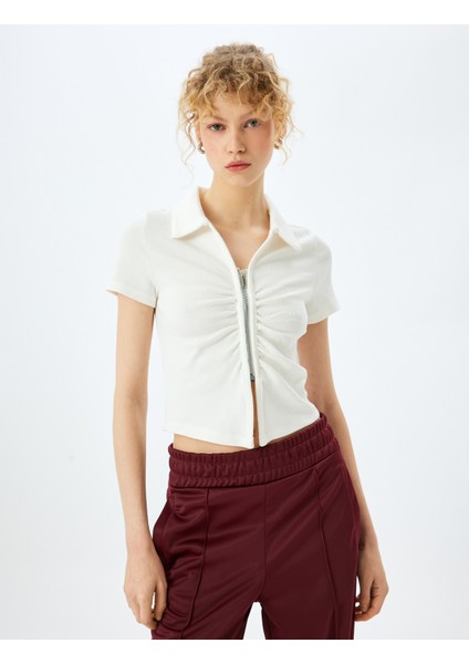 Fermuar Detaylı Slim Fit Drapeli Kısa Kollu Crop Tişört