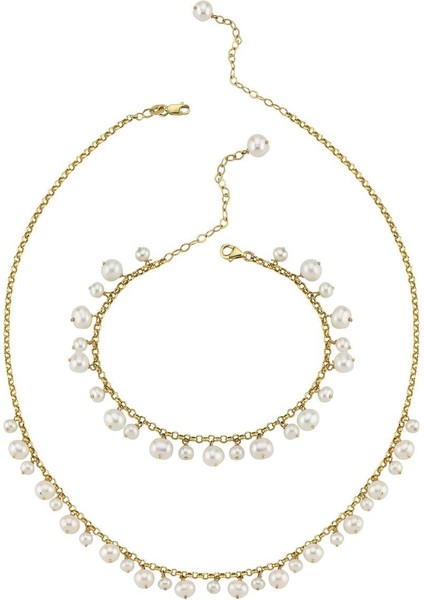 14 Ayar Altın 5 mm Doğal Inci Sallantılı Kolye Bileklik Ikili Set