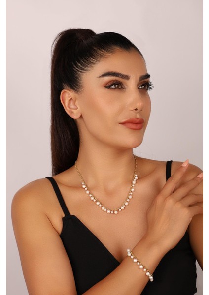 14 Ayar Altın 5 mm Doğal Inci Sallantılı Kolye Bileklik Ikili Set fiyatları