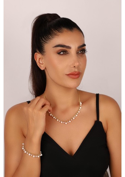 14 Ayar Altın 5 mm Doğal Inci Sallantılı Kolye Bileklik Ikili Set modelleri