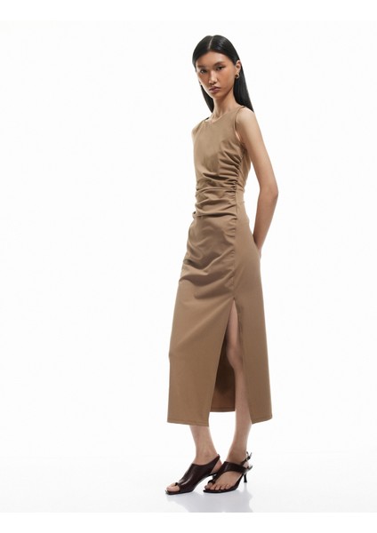 Drape Detaylı Kolsuz Yırtmaçlı Midi Boy Kayık Yaka Elbise fiyatları