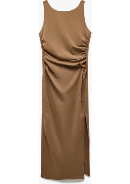 Drape Detaylı Kolsuz Yırtmaçlı Midi Boy Kayık Yaka Elbise modelleri