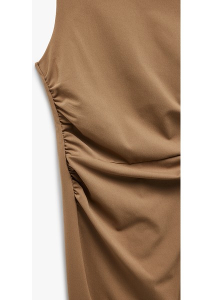 Drape Detaylı Kolsuz Yırtmaçlı Midi Boy Kayık Yaka Elbise indirimleri