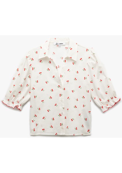 Düğmeli Kiraz Detaylı Kısa Balon Kollu Gömlek modelleri