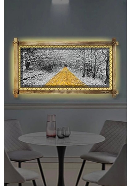 Kanvas Orman Sarı Yol LED Işıklı Rustik Tablo