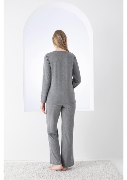 Kadın Uzun Kol V Yaka Viskon Antrasit Pijama Takımı C0T3N5O-048