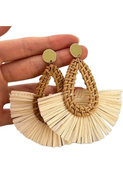 Küpeler Tatil Tarzı Net Kırmızı Küpeler Deniz Kenarı Kulak Kancaları Yaz Yeni Rafia El Dokuması Rattan Küpeler Kadınlar Için (Yurt Dışından)