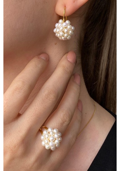 925 Ayar Gümüş Kadın Prenses Model Doğal İnci Küpe Kolye Yüzük Üçlü Set