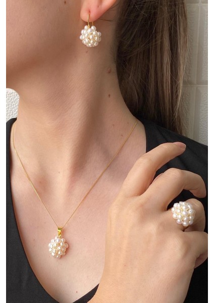 925 Ayar Gümüş Kadın Prenses Model Doğal İnci Küpe Kolye Yüzük Üçlü Set fiyatları