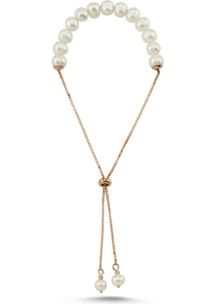 14 Ayar Altın 8 mm Doğal Inci Asansörlü Bileklik