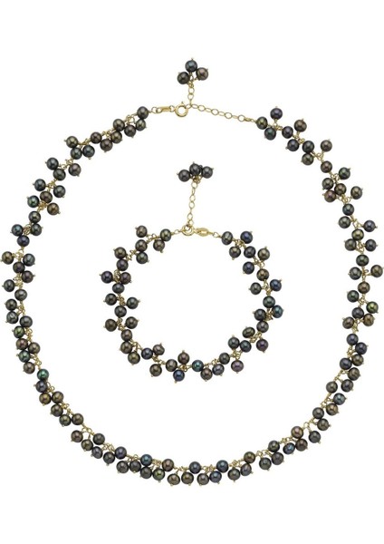 925 Ayar Gümüş Kadın Doğal Inci Sallantılı Kolye Bileklik Ikili Set