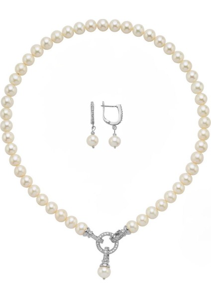 925 Ayar Gümüş 8 mm Halka Kilitli Doğal İnci Küpe Kolye İkili Set