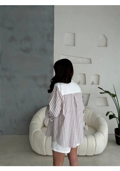 Gabardin Şort - Gabardin - Çizgili Keten Garnili Ceket Takım - Kahverengi fiyatları