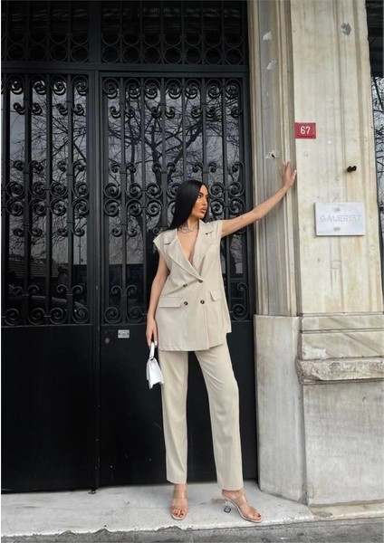 Çizgili Uzun Yelek - Pantolon Takım Polviscon - Bej