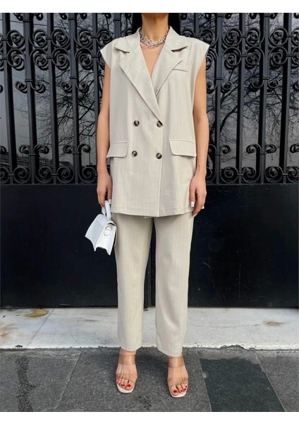 Çizgili Uzun Yelek - Pantolon Takım Polviscon - Bej fiyatları