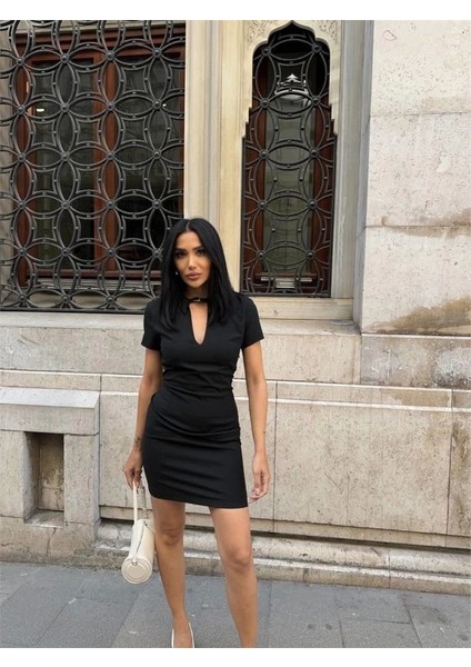 Polo Yaka Yaka Kemer Detaylı Kalem Elbise - Siyah modelleri