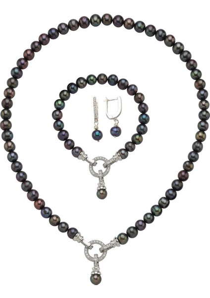 925 Ayar Gümüş 8 mm Zirkon Taşlı Halka Kilitli Doğal İnci Küpe Kolye Bileklik Üçlü Set