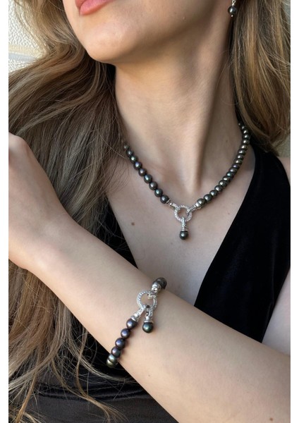 925 Ayar Gümüş 8 mm Zirkon Taşlı Halka Kilitli Doğal İnci Küpe Kolye Bileklik Üçlü Set fiyatları