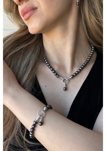 925 Ayar Gümüş 8 mm Zirkon Taşlı Halka Kilitli Doğal İnci Küpe Kolye Bileklik Üçlü Set modelleri