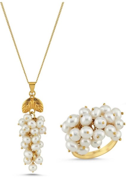 14 Ayar Altın 4 mm Üzüm Salkımı Doğal Inci Kolye Yüzük Ikili Set