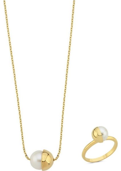 14 Ayar Altın 8 mm Tek Doğal Inci Kolye Yüzük Ikili Set